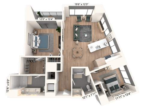Floor plan for 2 beds, 2 baths, 1223 sqft